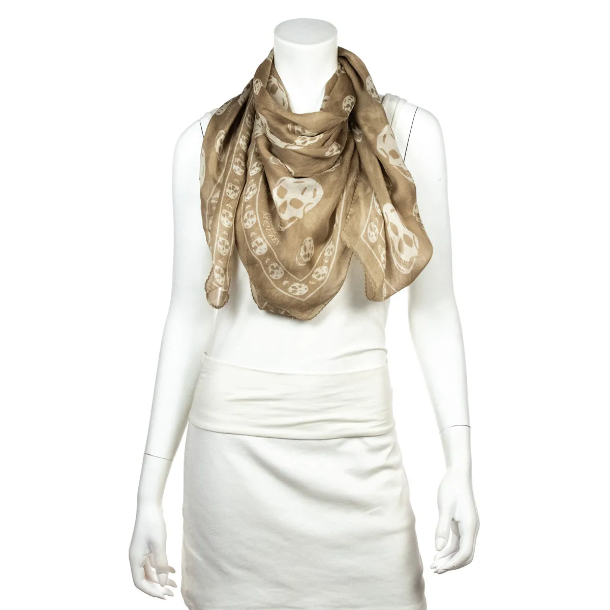 Alexander McQueen Beige & White Silk Skull Print Scarf