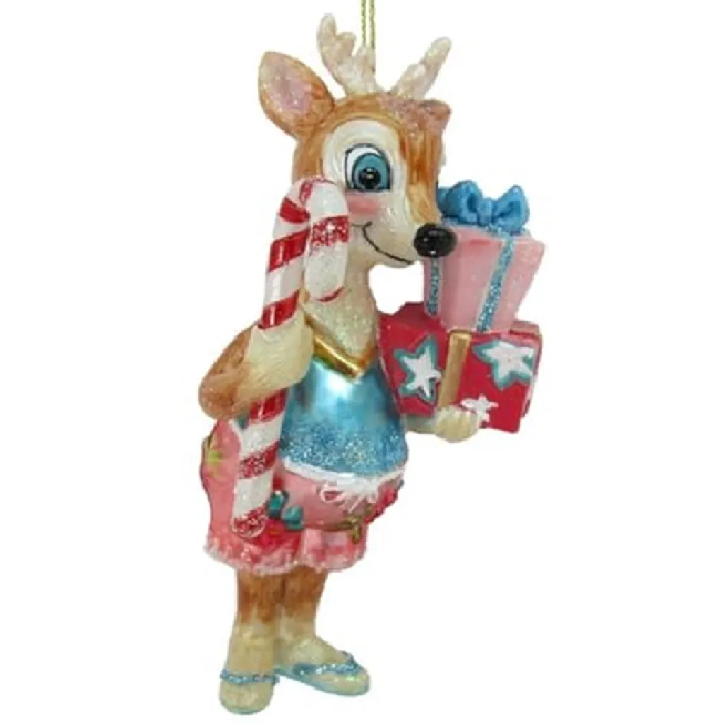 Beach Male Reindeer with a Candy Cane Resin Ornament 5.25 Inches