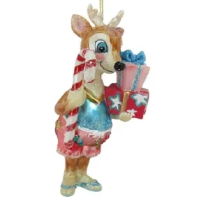 Beach Male Reindeer with a Candy Cane Resin Ornament 5.25 Inches
