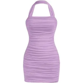 Casual Sleeveless Halter Pencil Bodycon Mini Dress - Purple