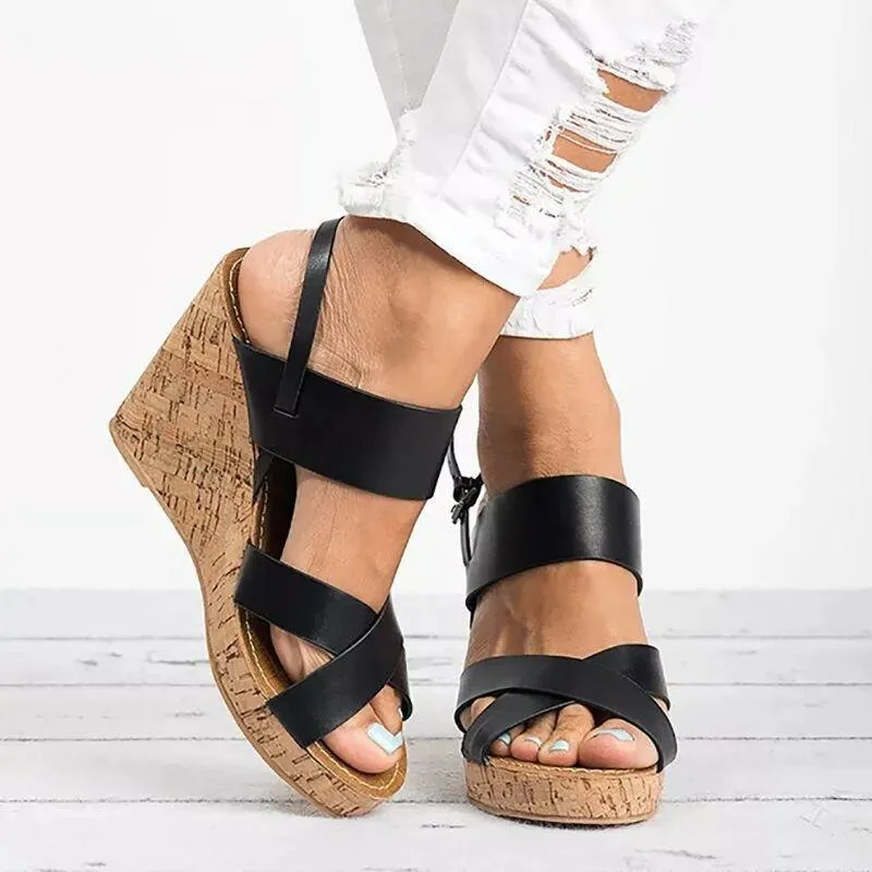 Chicvane Criss Cross Straps Adjustable Buckle Closure Peep Toe Wedge Sandals
