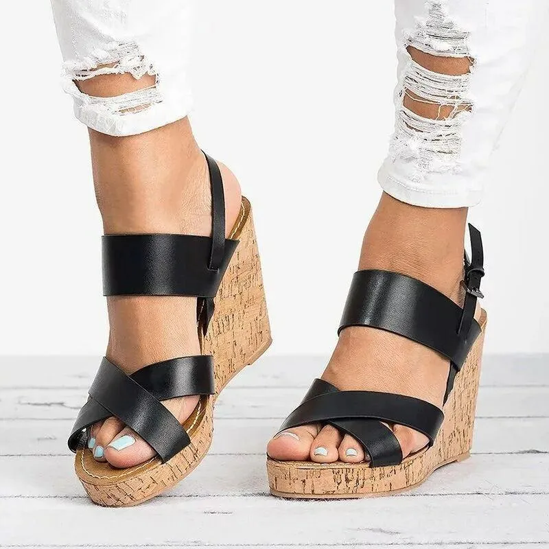 Chicvane Criss Cross Straps Adjustable Buckle Closure Peep Toe Wedge Sandals