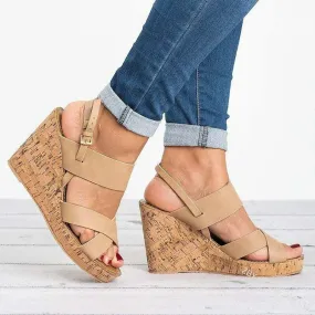 Chicvane Criss Cross Straps Adjustable Buckle Closure Peep Toe Wedge Sandals