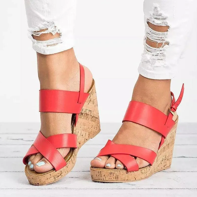 Chicvane Criss Cross Straps Adjustable Buckle Closure Peep Toe Wedge Sandals