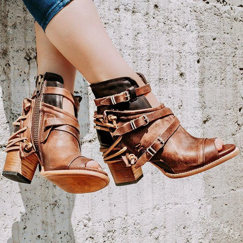 Chicvane Leather Buckle Closure Open Toe Chunky Heel Sandals