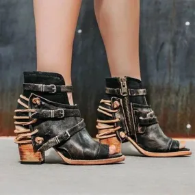 Chicvane Leather Buckle Closure Open Toe Chunky Heel Sandals