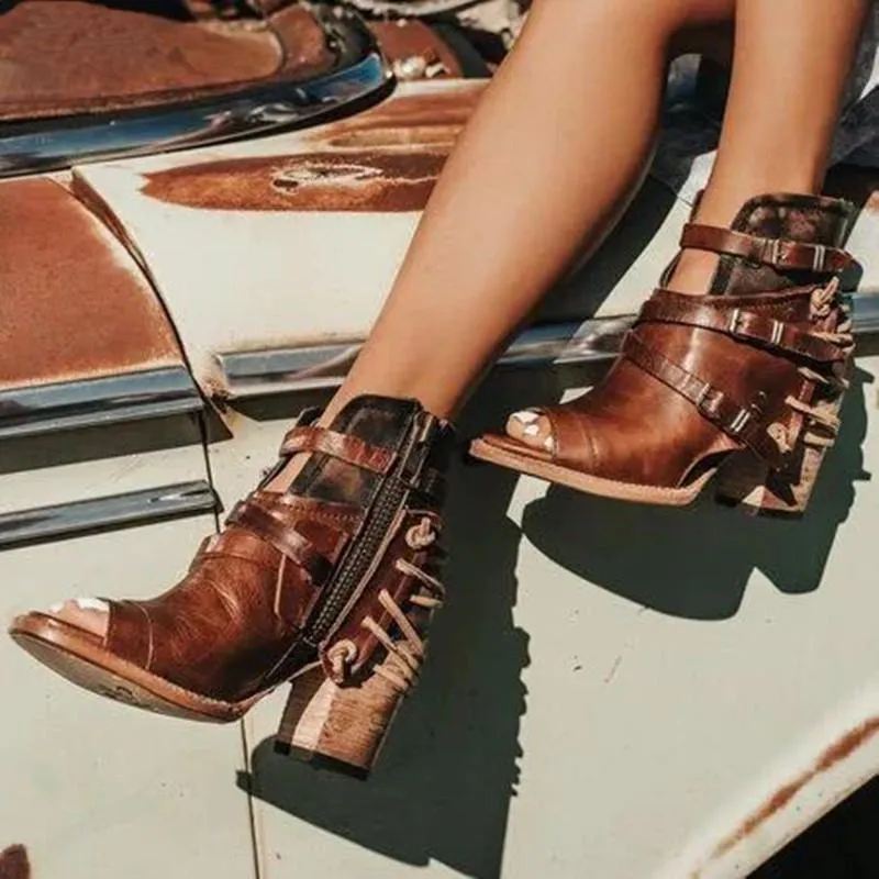 Chicvane Leather Buckle Closure Open Toe Chunky Heel Sandals
