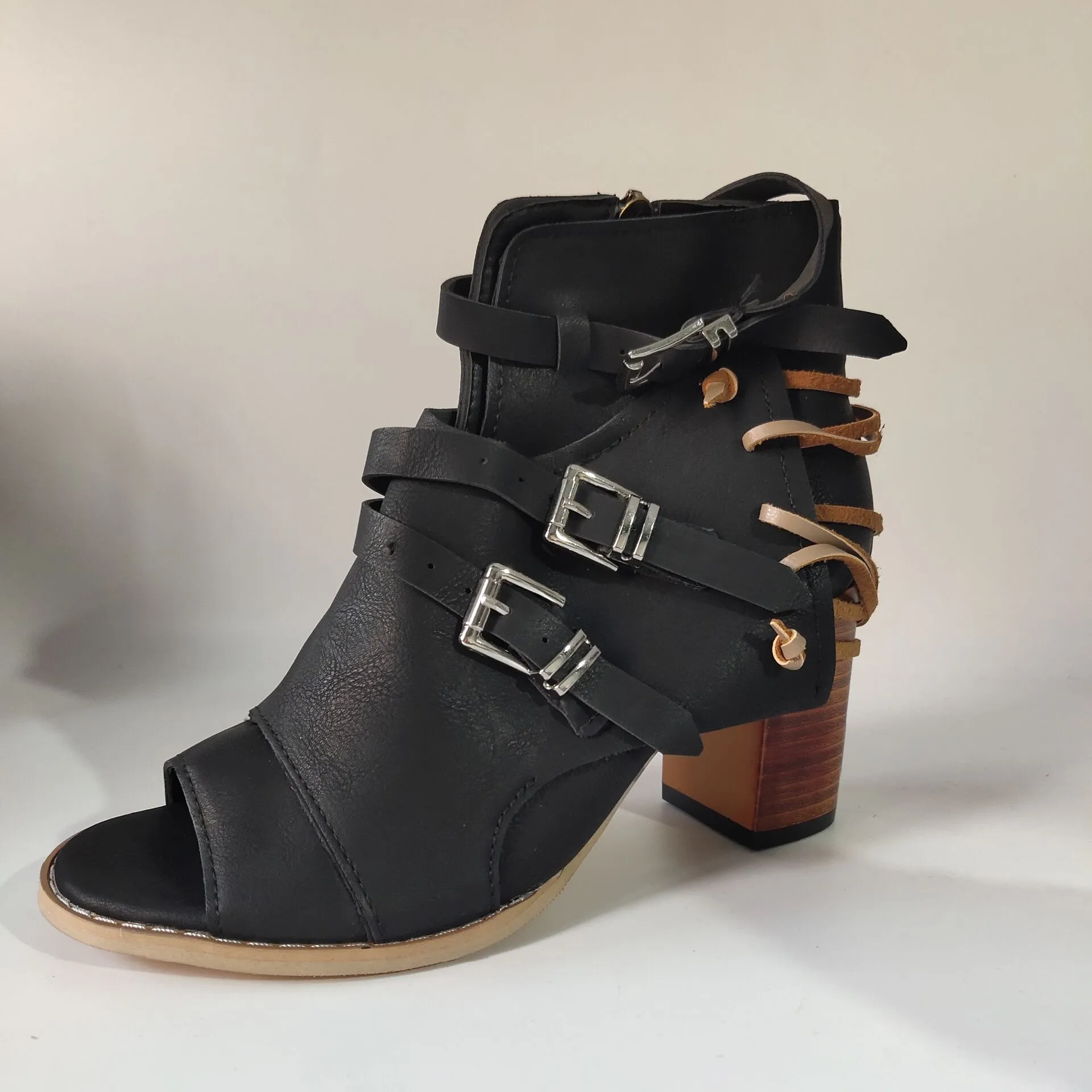 Chicvane Leather Buckle Closure Open Toe Chunky Heel Sandals