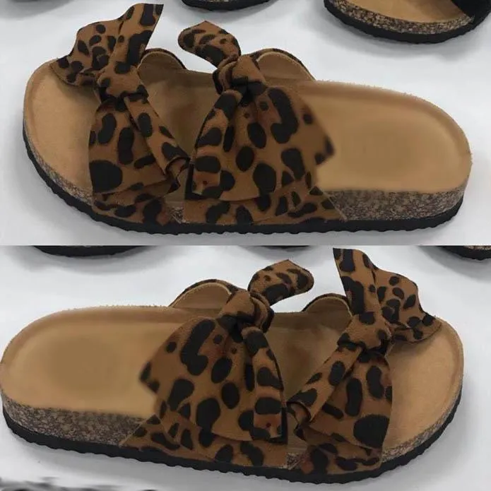 Chicvane Leopard Printed  Bowknot Hollow Out Flat Slides Shoes