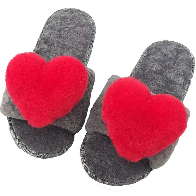 Chicvane New Women's Pure Sheep Wool Cute Love Open Toe House Slippers Fluffy Slide Anti-Skid Sole