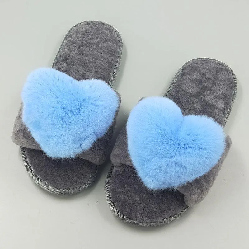 Chicvane New Women's Pure Sheep Wool Cute Love Open Toe House Slippers Fluffy Slide Anti-Skid Sole