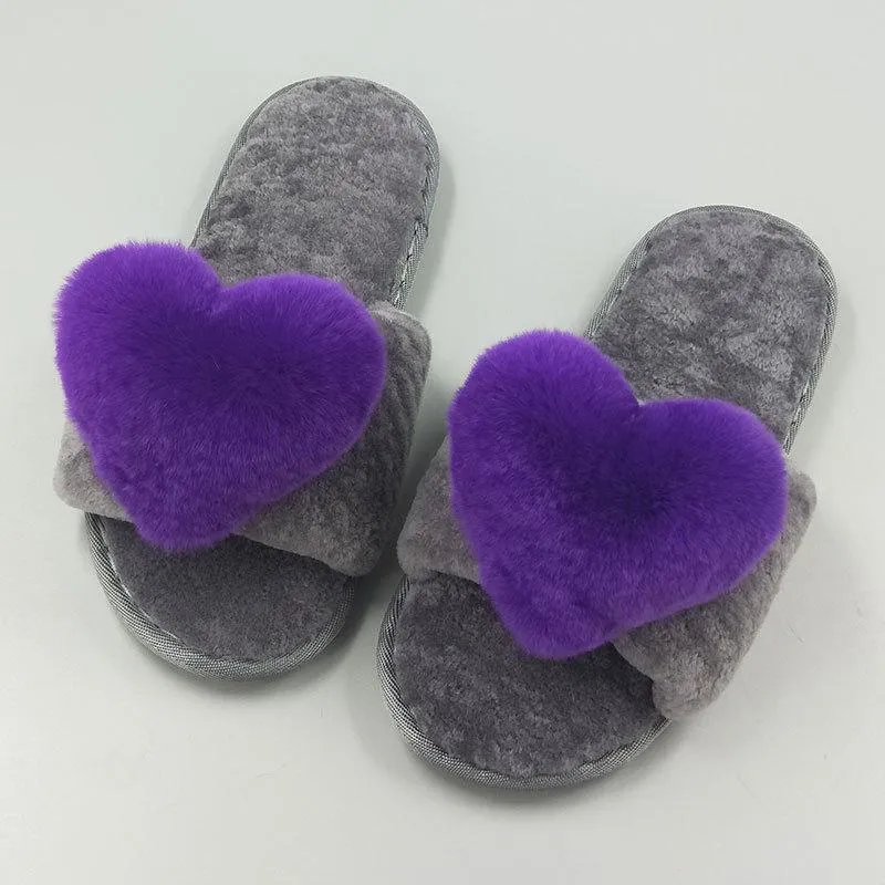 Chicvane New Women's Pure Sheep Wool Cute Love Open Toe House Slippers Fluffy Slide Anti-Skid Sole