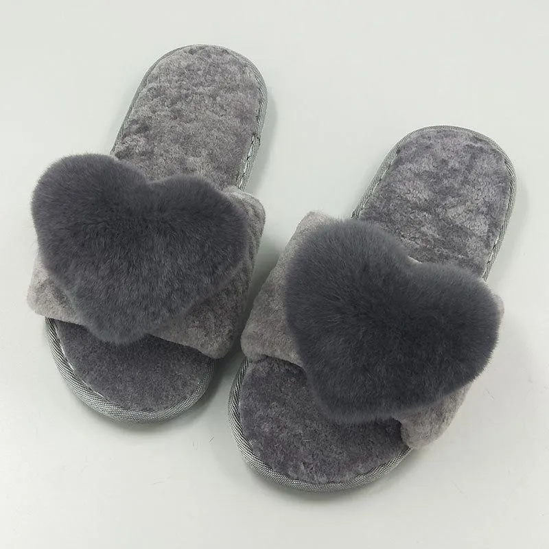 Chicvane New Women's Pure Sheep Wool Cute Love Open Toe House Slippers Fluffy Slide Anti-Skid Sole