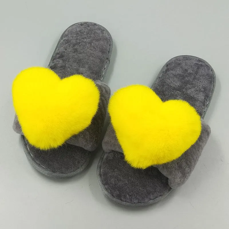Chicvane New Women's Pure Sheep Wool Cute Love Open Toe House Slippers Fluffy Slide Anti-Skid Sole
