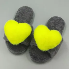 Chicvane New Women's Pure Sheep Wool Cute Love Open Toe House Slippers Fluffy Slide Anti-Skid Sole