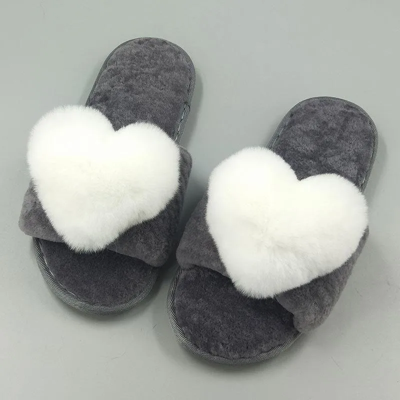 Chicvane New Women's Pure Sheep Wool Cute Love Open Toe House Slippers Fluffy Slide Anti-Skid Sole