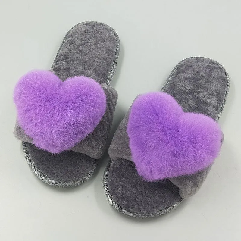 Chicvane New Women's Pure Sheep Wool Cute Love Open Toe House Slippers Fluffy Slide Anti-Skid Sole