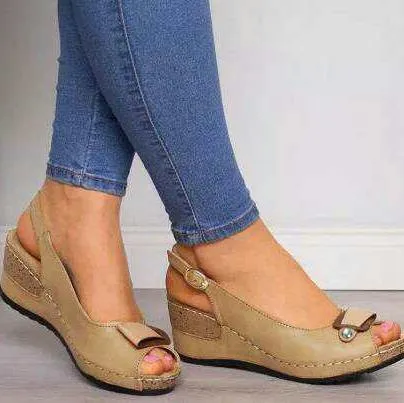 Chicvane Peep Toe Wedge Sandals with Buckle