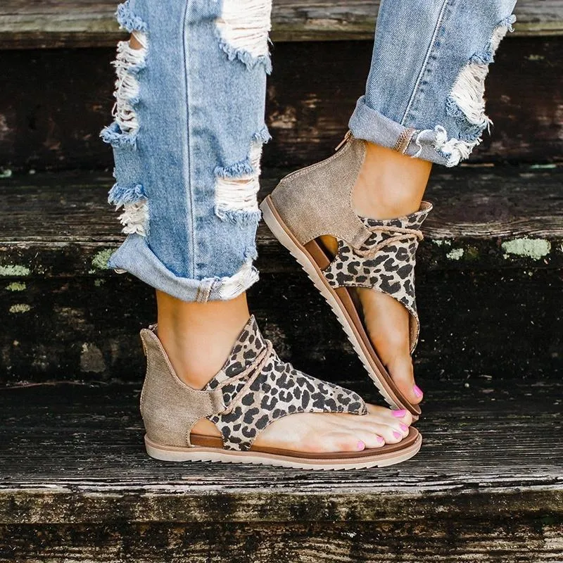 Chicvane Retro Zipper Flat Sandals Leopard Print/Zebra Pattern/Serpentine