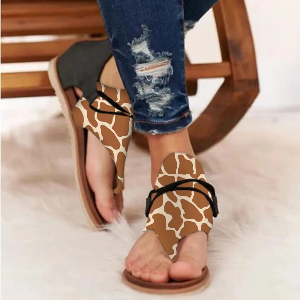 Chicvane Retro Zipper Flat Sandals Leopard Print/Zebra Pattern/Serpentine