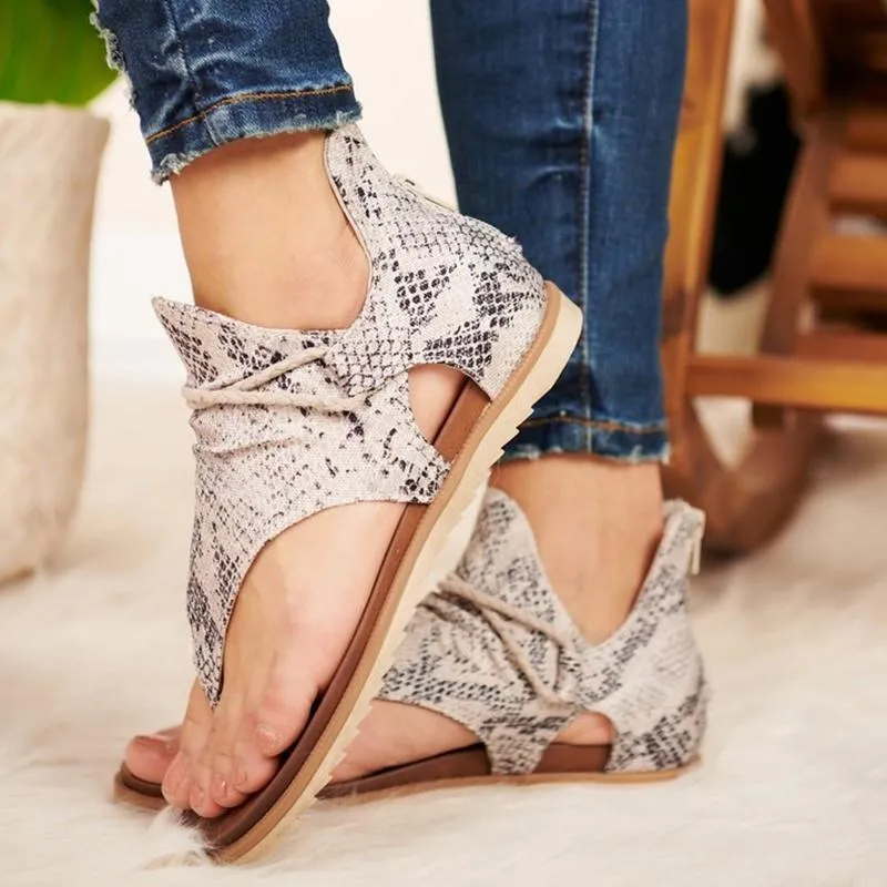 Chicvane Retro Zipper Flat Sandals Leopard Print/Zebra Pattern/Serpentine