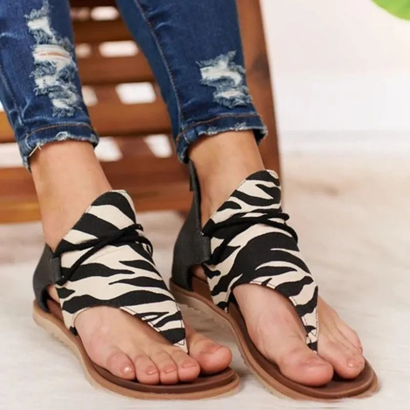 Chicvane Retro Zipper Flat Sandals Leopard Print/Zebra Pattern/Serpentine
