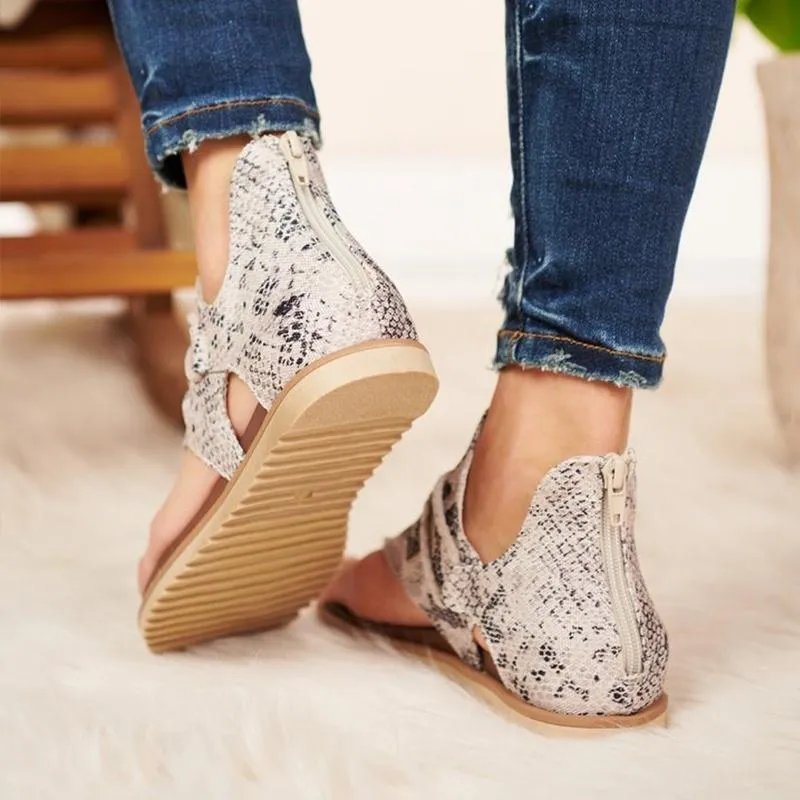 Chicvane Retro Zipper Flat Sandals Leopard Print/Zebra Pattern/Serpentine