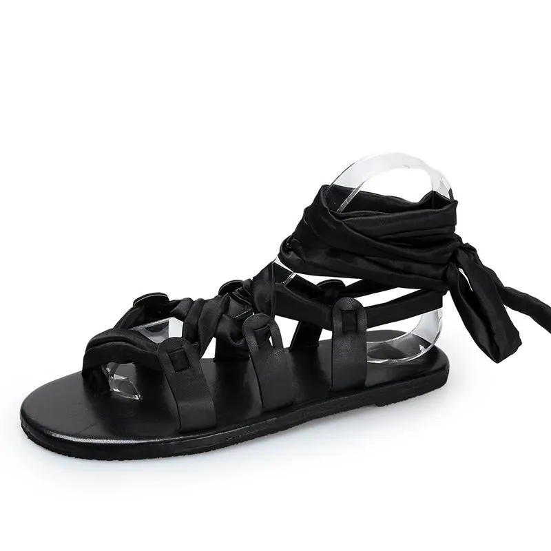 Chicvane Thong Bandage Knee Flat Shoes Rome Sandals