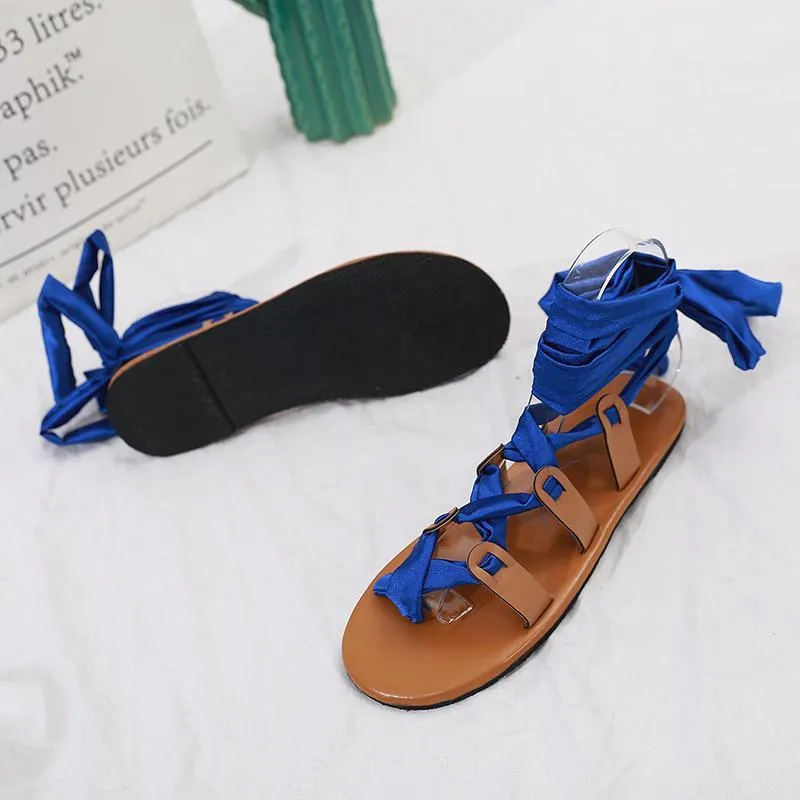 Chicvane Thong Bandage Knee Flat Shoes Rome Sandals