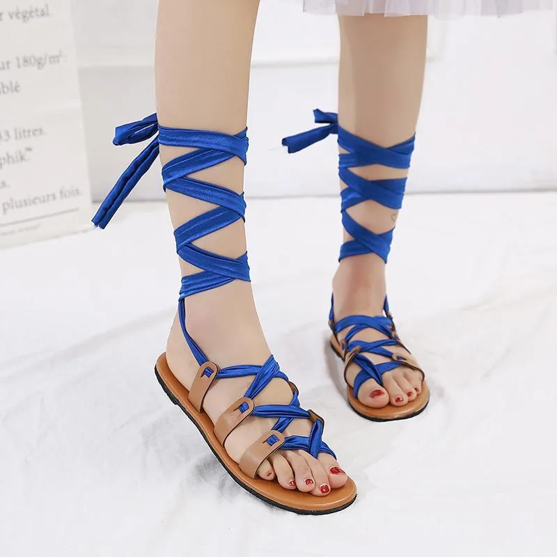Chicvane Thong Bandage Knee Flat Shoes Rome Sandals