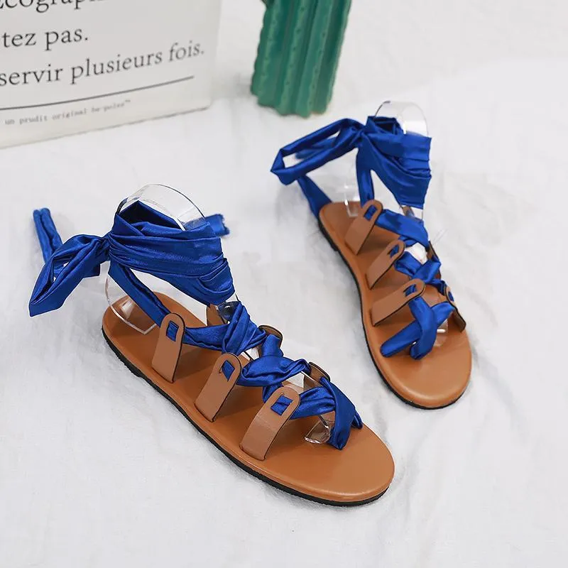 Chicvane Thong Bandage Knee Flat Shoes Rome Sandals