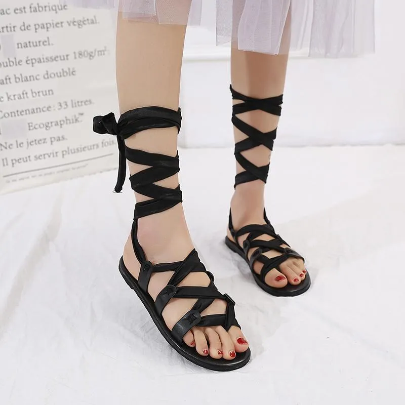 Chicvane Thong Bandage Knee Flat Shoes Rome Sandals