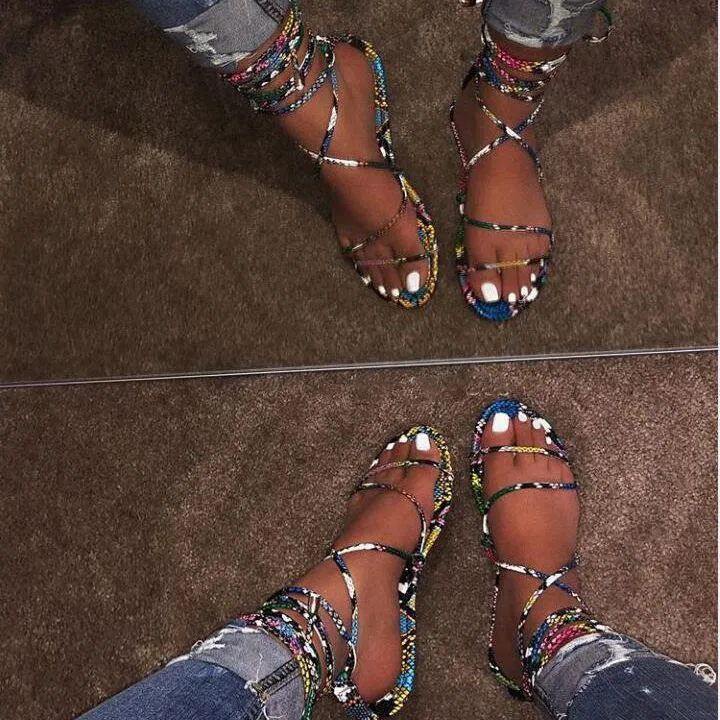 Chicvane Women's Strappy Beach Shoes Snakeskin Print Flat Sandals