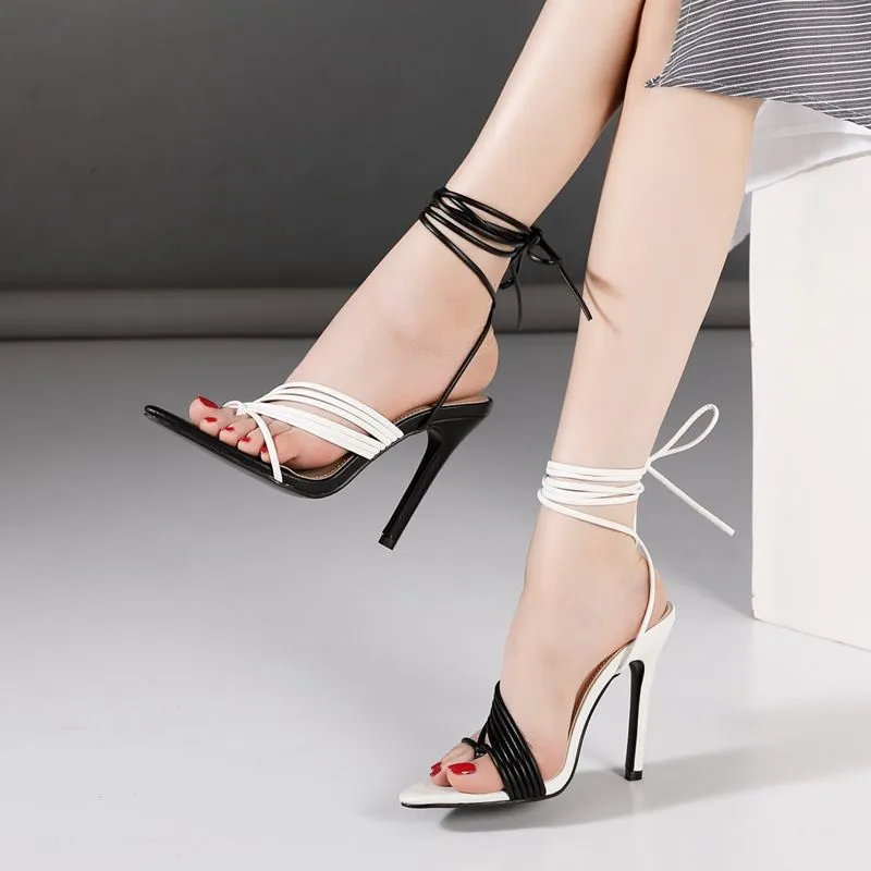 Color matching thin band pointed high heel strapping sandals