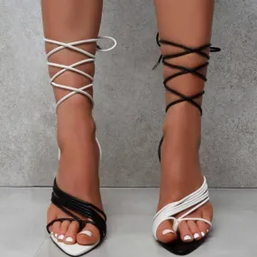 Color matching thin band pointed high heel strapping sandals