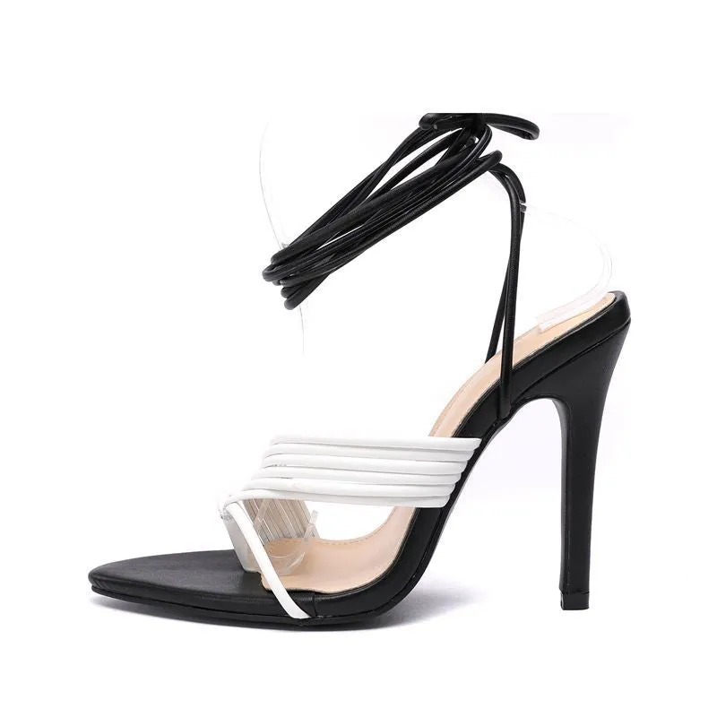 Color matching thin band pointed high heel strapping sandals