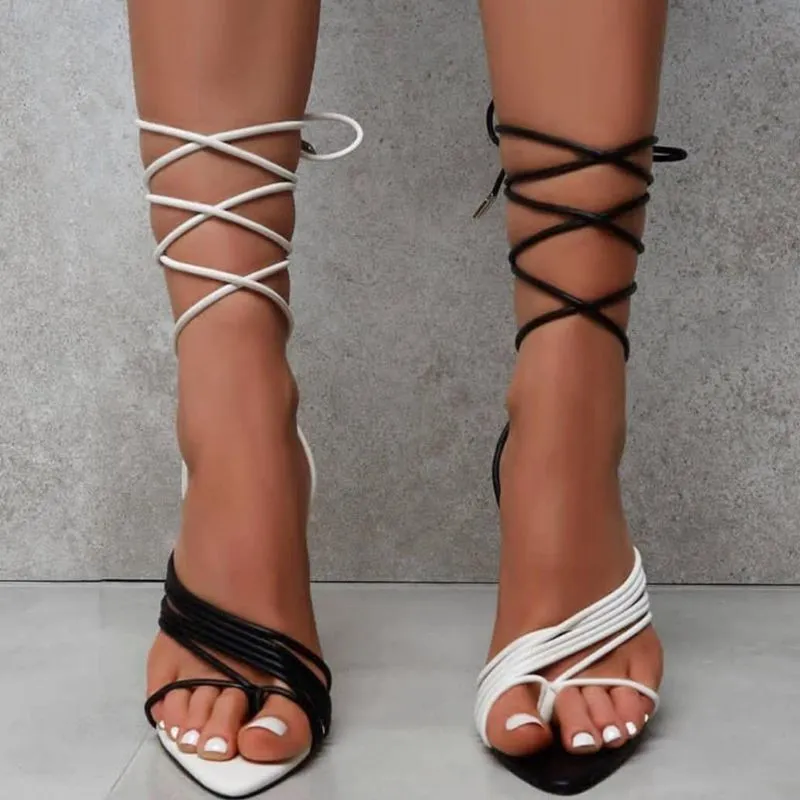 Color matching thin band pointed high heel strapping sandals