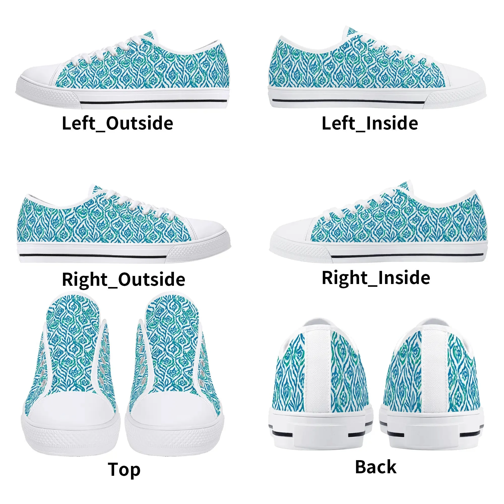 Cool Breeze Elegance: Abstract Damask Pattern in Green and Blue Womens Low Top Canvas Sneakers US5.5 - US12