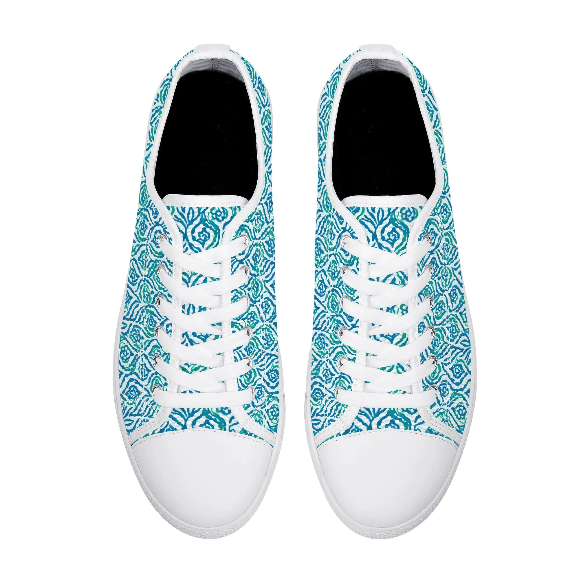 Cool Breeze Elegance: Abstract Damask Pattern in Green and Blue Womens Low Top Canvas Sneakers US5.5 - US12