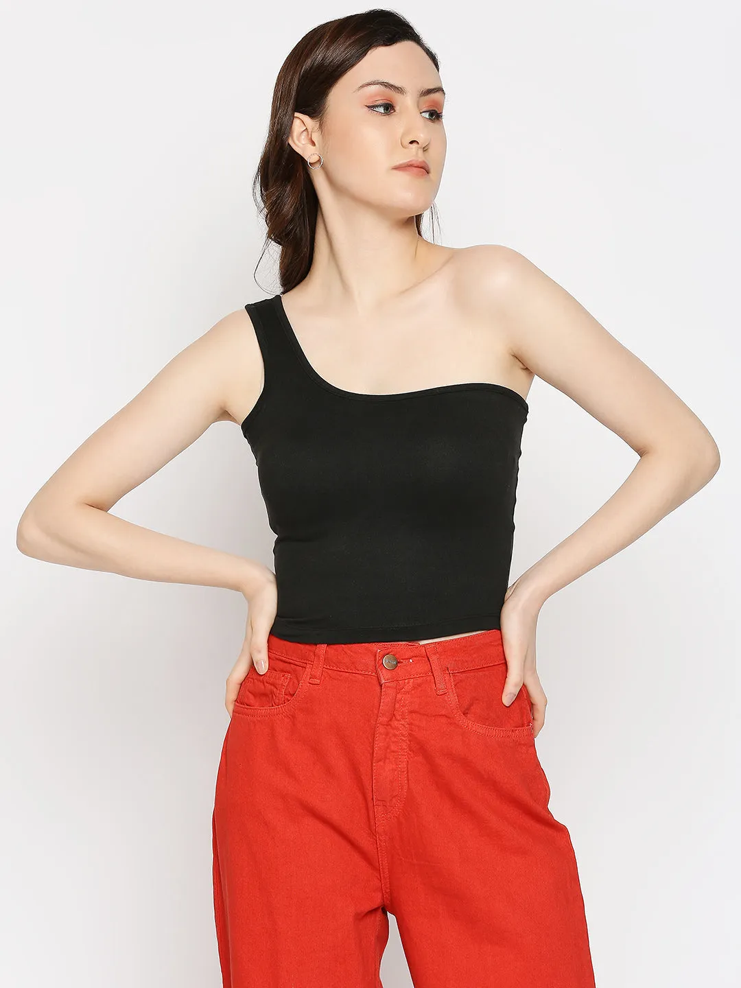 Disrupt One Shoulder Slim Fit Black Top