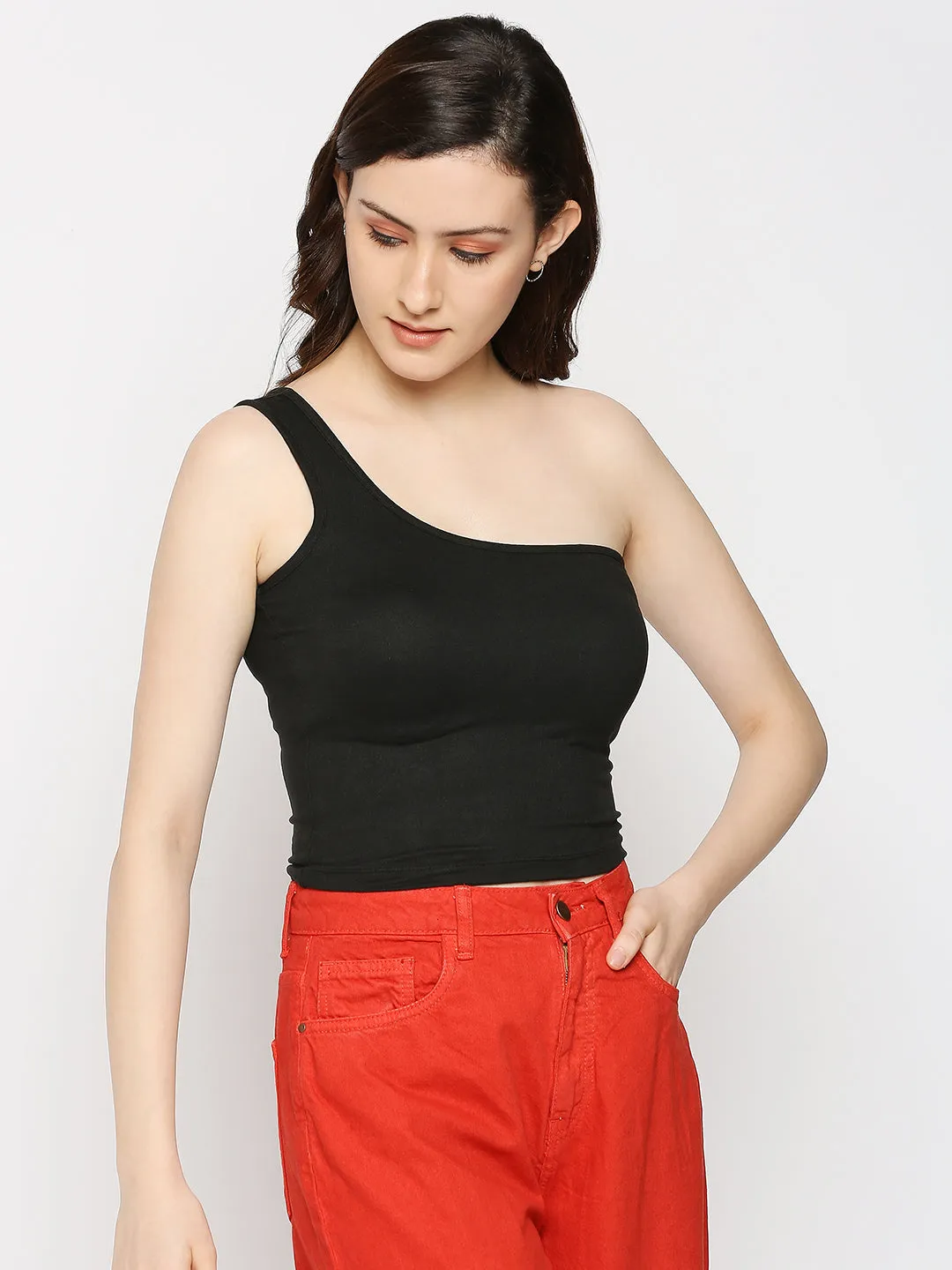 Disrupt One Shoulder Slim Fit Black Top