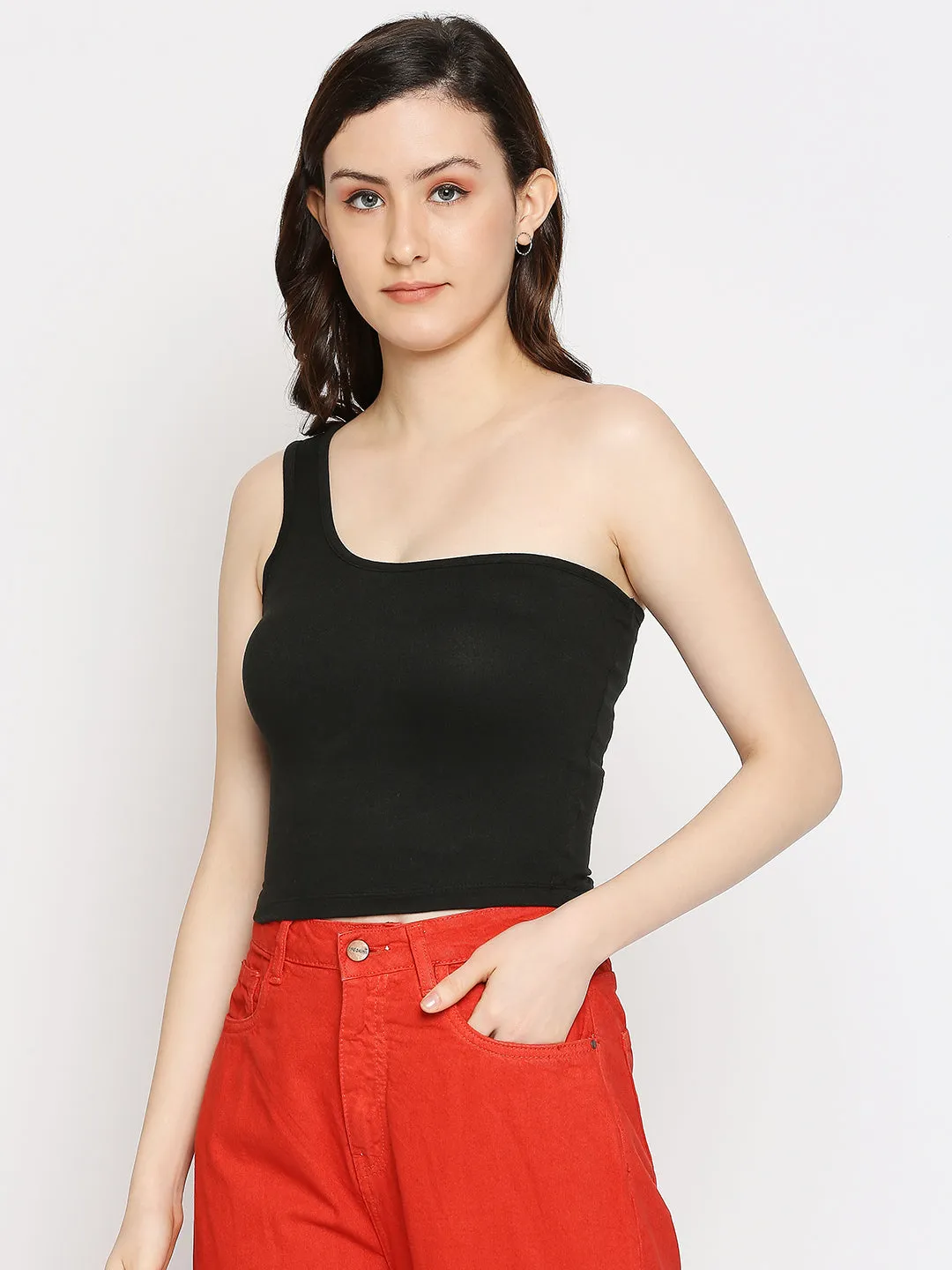 Disrupt One Shoulder Slim Fit Black Top