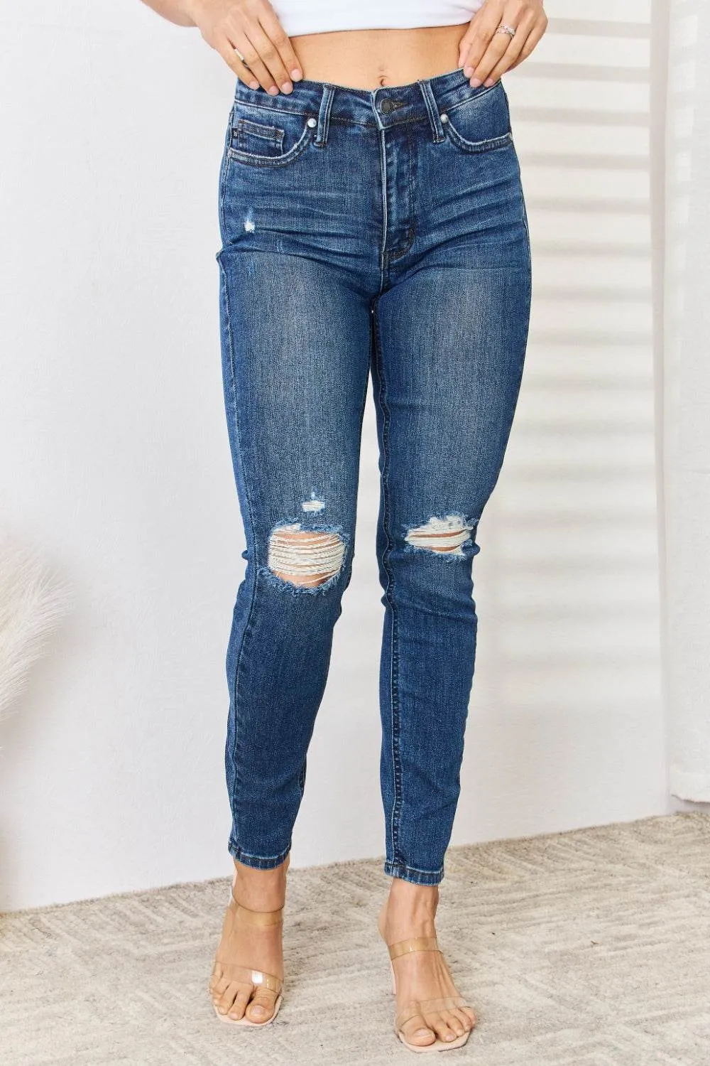 Judy Blue Full Size Mid Waist Distressed Slim Fit Trendy Look Jeans