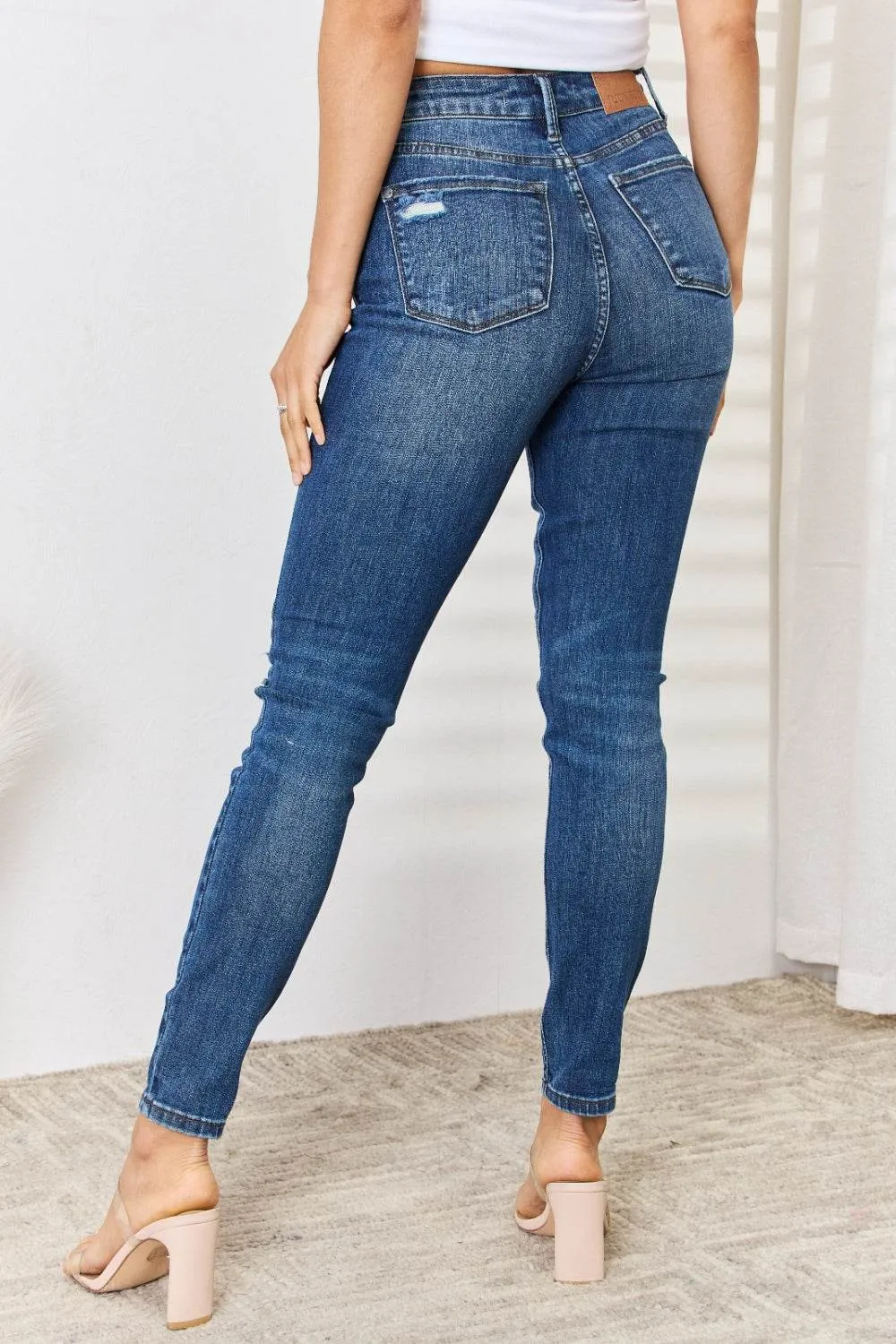 Judy Blue Full Size Mid Waist Distressed Slim Fit Trendy Look Jeans