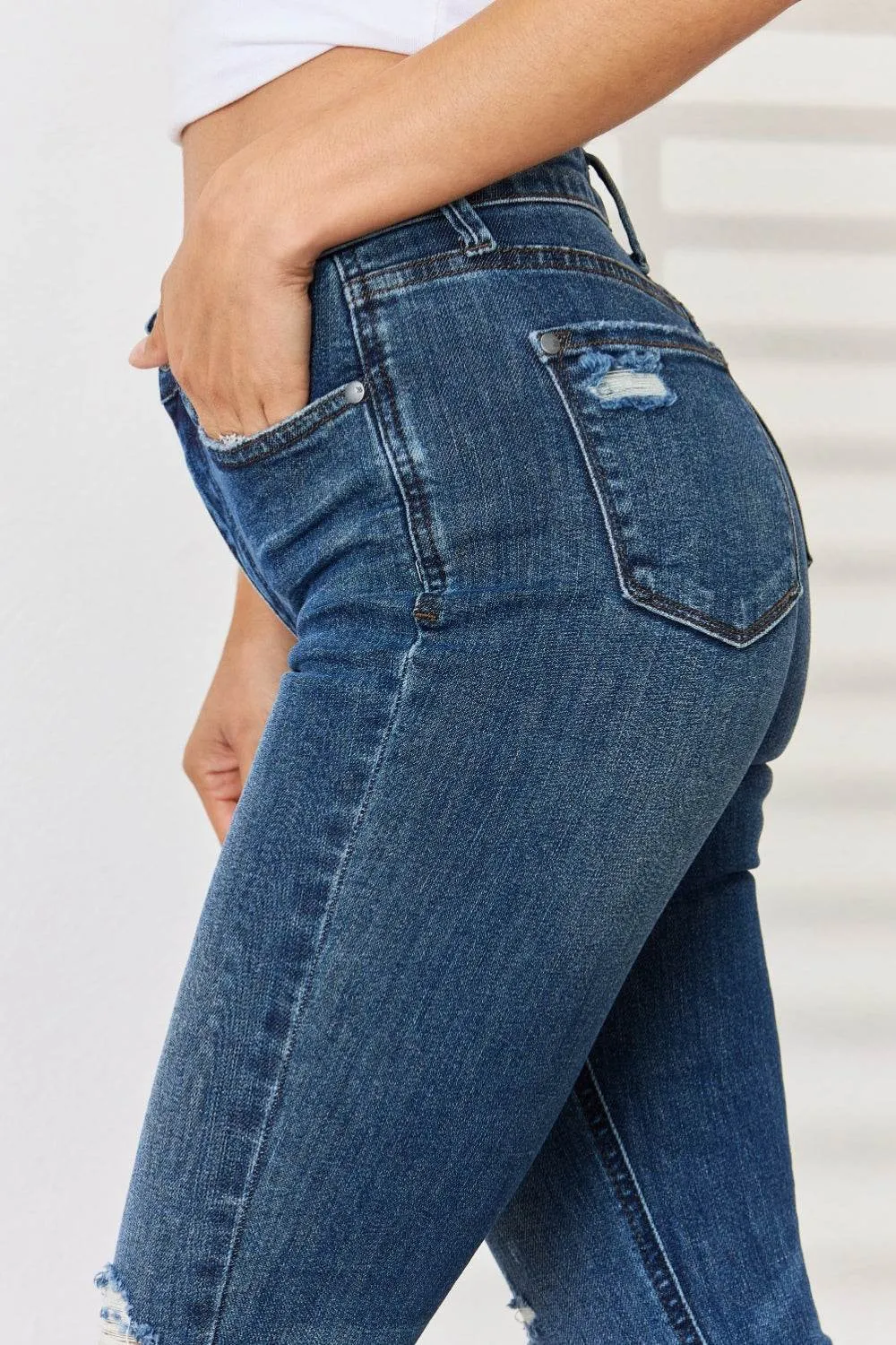 Judy Blue Full Size Mid Waist Distressed Slim Fit Trendy Look Jeans