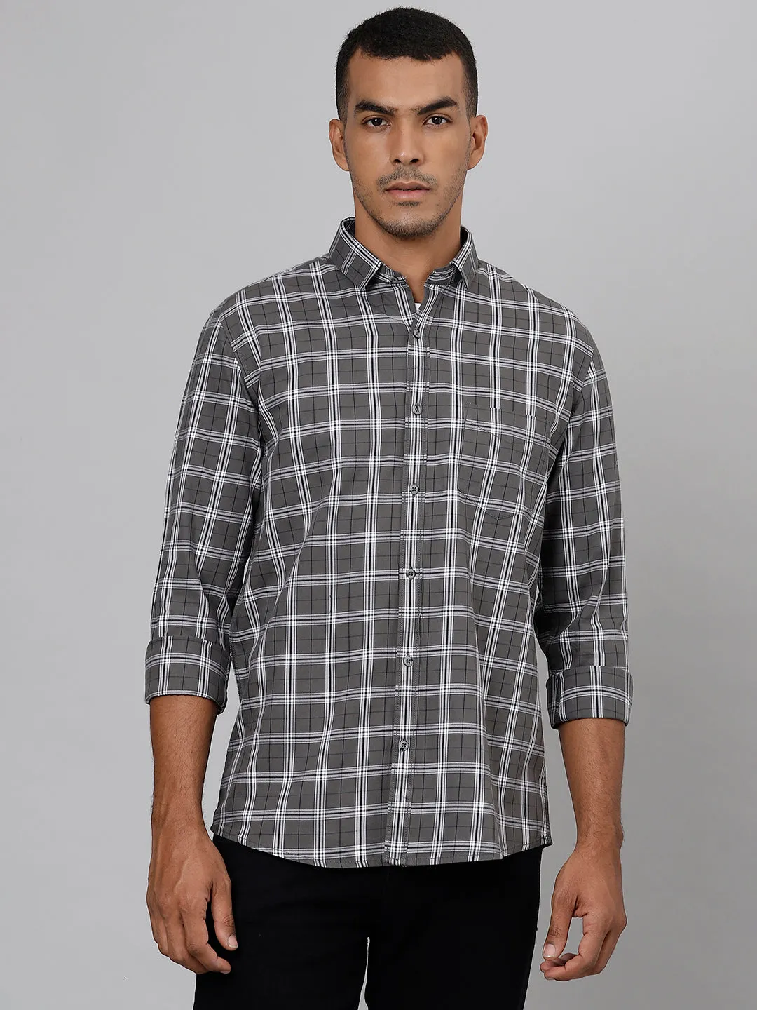 Men Grey Slim Fit Checkered Casual Shirt