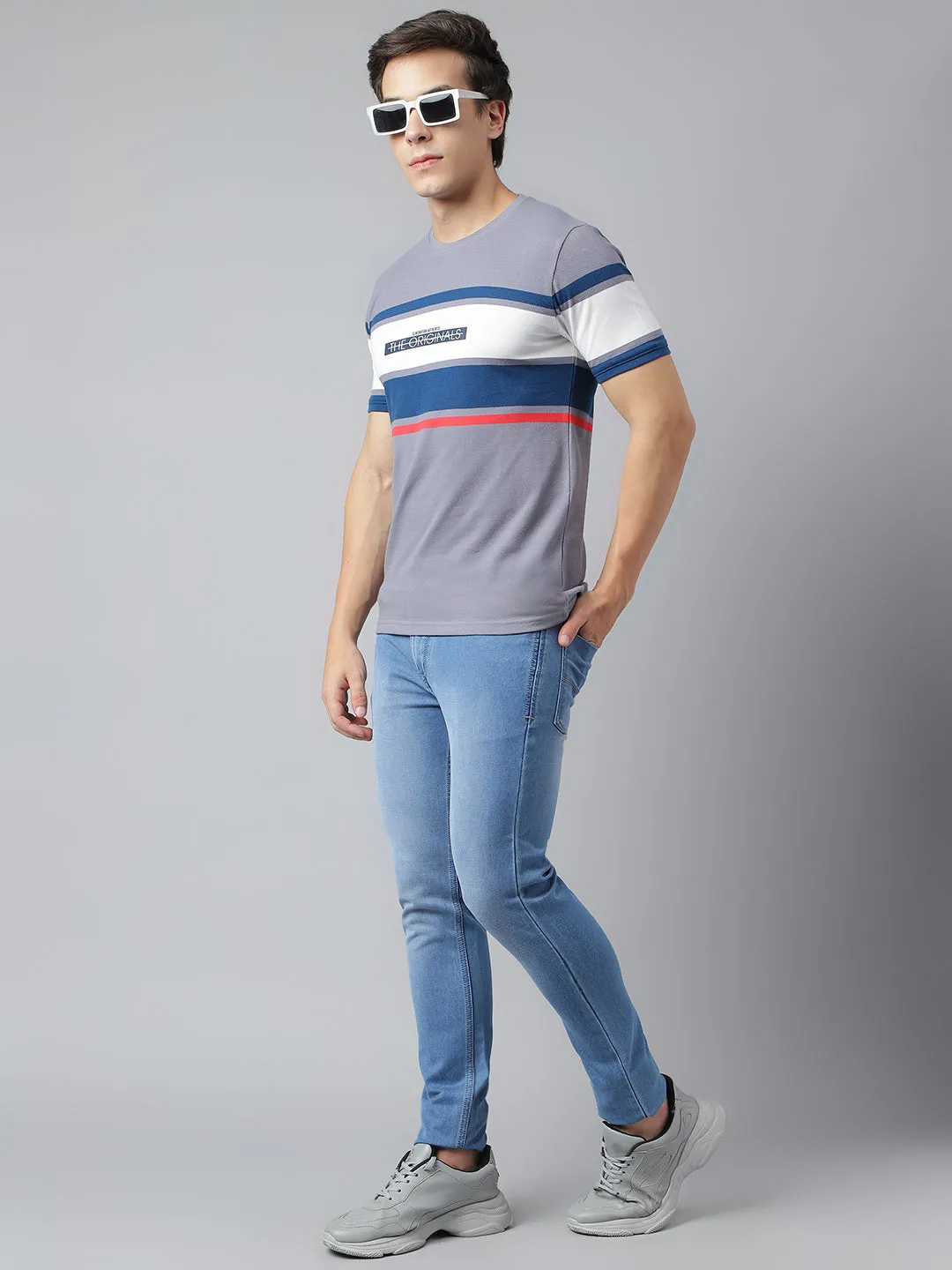 Men Lavender Regular Fit Color Blocked Crew Neck Casual T-Shirt