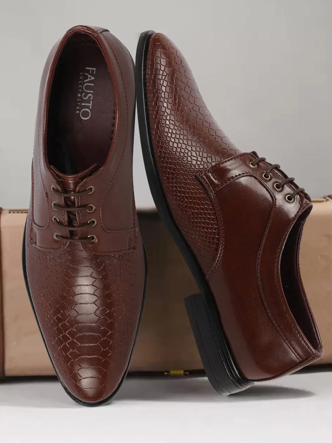 Men Light Brown Leopard Textured Derby Formal Lace Up Shoes For Office|Work|Wedding|Party