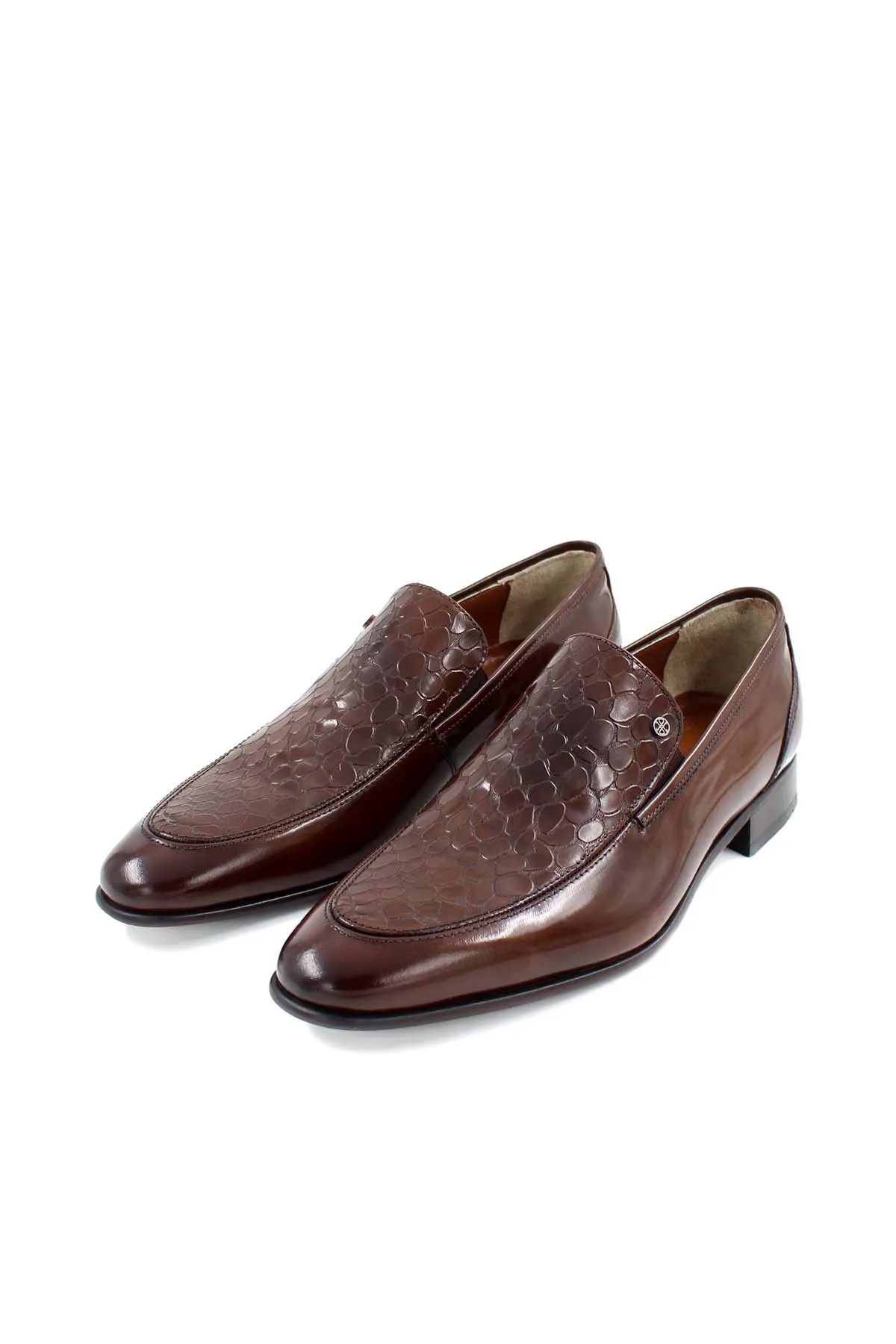 Men's Brown Leather Loafers with Embossed Croc Pattern - Wessi