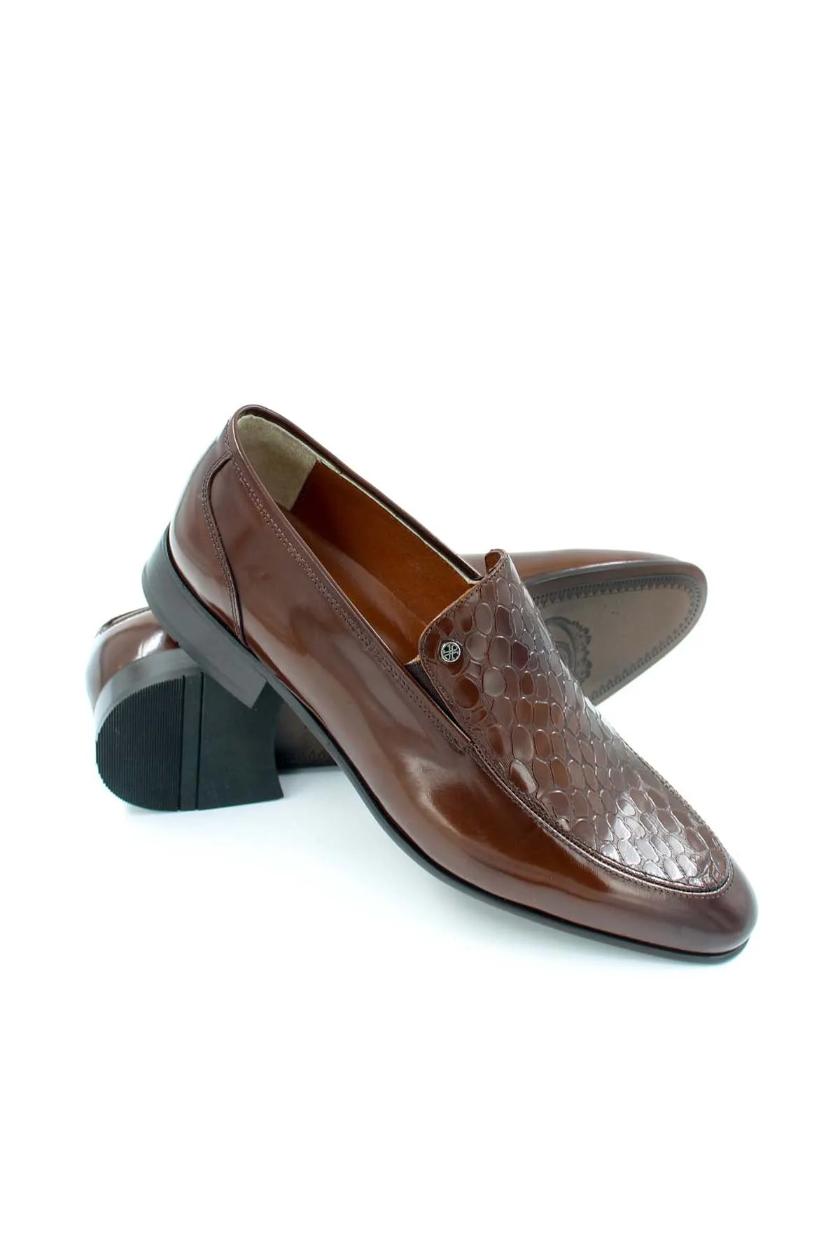 Men's Brown Leather Loafers with Embossed Croc Pattern - Wessi